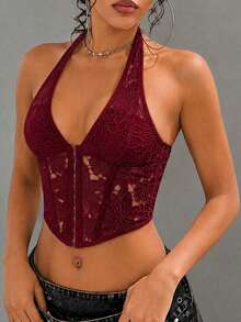 Elegant Sexy Lace Floral Embroidery Bustier Crop Top, Summer Backless Camisole With Steel Rings, Asymmetric Hem, Metal Eyelet Lace-Up, Suitable For Beach Vacation And Dance Festivals - Burgundy - View 4