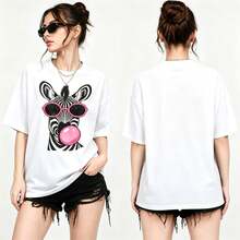 Summer Casual Women's Crew Neck T-Shirt, High-Stretch Fabric, Zebra Print With Pink Glasses And Bubblegum Graphic, Short-Sleeve Top. - White - View 1
