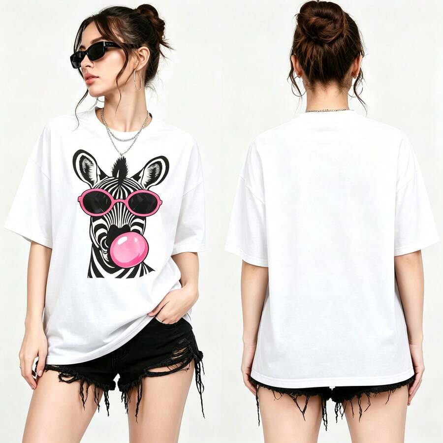 Summer Casual Women's Crew Neck T-Shirt, High-Stretch Fabric, Zebra Print With Pink Glasses And Bubblegum Graphic, Short-Sleeve Top. - White - View 1