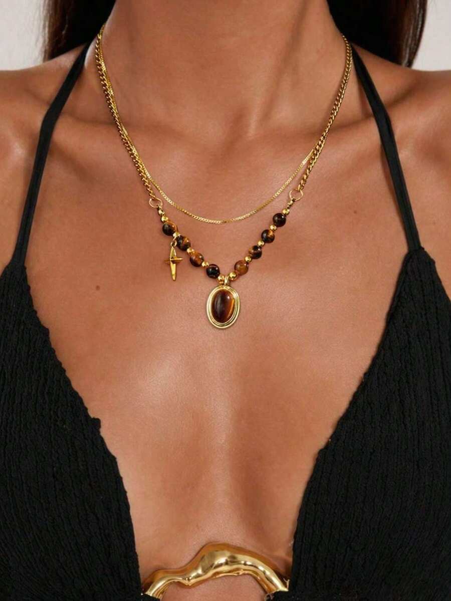 1pc Luxury Vintage Tiger Eye Beaded & Metal Chain Snake Bone Layered Necklace With Four-Pointed Star Pendant, Suitable For Women's Daily, Vacation, Autumn/Winter, Wedding, Banquet Wear - Gold - View 1