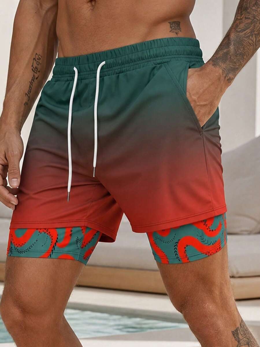 Men's Octopus Print Double-Layer Beach Shorts, Casual Summer Holiday Style - Red - View 1