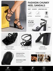 Spring/Summer Women's Black Square Toe Chunky Heel Party Fashion Minimalist Casual Comfortable Versatile High Heel Sandals - Black - View 2