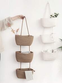 1pc 2/3Tier Woven Hanging Storage Basket – Detachable Decorative Organizer For Living Room, Bathroom, And Bedroom; Over-The-Door Hanging Basket With Multiple Compartments - Bathroom Storage Hanging Bag - View 3