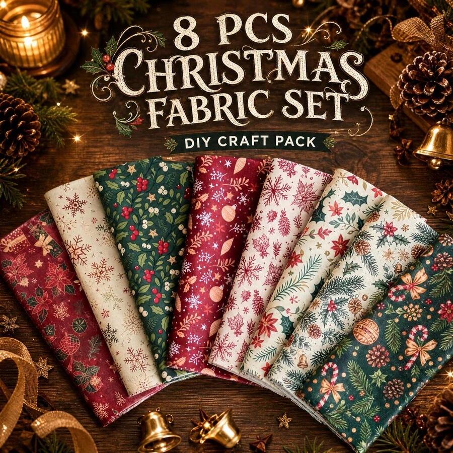 8pcs Christmas Flower, Pine Cone, Snowflake Print Fabric Set, 100% Polyester Material, 20*25/40*50cm, Perfect For Christmas Themed Patchwork Projects, These Pre-Cut Rectangles Are Ideal For Sewing And Handmade Crafts - Variant - View 1