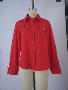 New Arrival All Season Fashion Women's Long Sleeve Button-Up Shirt With Faux Pockets Red - Red - View 4