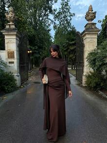 Women's Romantic Elegant Fashion Cape Design Chiffon Asymmetrical Knit Ruched Design For Date Party Vintage Back Water Drop Button Autumn/Winter - Brown - View 5
