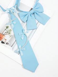 1PC Women's Bowknot + Tie Set, Minimalist Versatile School Style JK Uniform Shirt Bowknot Collar Accessory 2 Pieces Set - Blue - Bow JK - View 6