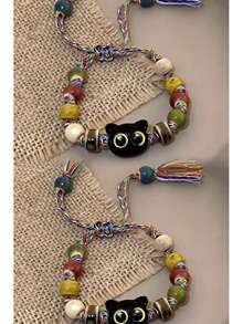 1pc/2pcs Set Fashion Elegant Chinese Style New Multifunctional Cute Black Cat Pattern Woven Bracelet, Suitable For Daily Wear, Unisex - Multicolor - View 15