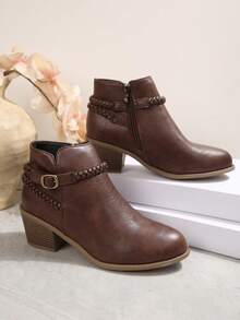 Women's Autumn/Winter New Vintage Western Style Woven Rope Buckle Ankle Boots, Chunky Heel Side Zipper Casual Ankle Boots - Brown - View 7