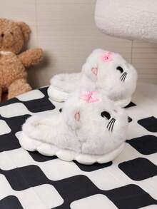 1 Pair Girls Comfortable Fashionable Lightweight Cute Kitten Plush Lined Slippers, Autumn/Winter - White - View 6