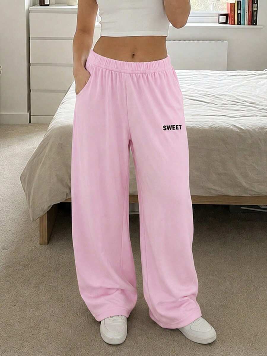 Fall Clothes Pants For Women Low Rise Wide Leg Sweatpants Letter Print Loose Fit Elastic Waist Lounge Pants Streetwear For Daily Travel Home Pink - Pink - View 1