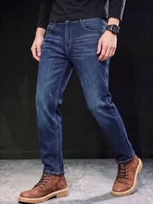 Celana Jeans Denim Slim Fit Pria dengan Detail Garis-Garis Tipis yang Terlihat, Bahan Elastis yang Nyaman, Tidak Ketat, Celana Jeans Kasual Serbaguna untuk Pakaian Kerja. - Biru - View 4