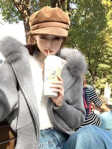 Women's Solid Color Hooded Knit Cardigan Sweater With Detachable Fur Collar, Autumn - Grey - View 1