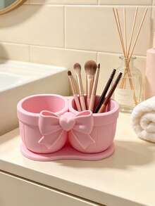 Bowknot Dual-Compartment Makeup Brush & Lipstick Storage Holder, INS Style Makeup Tool Organizer, Large Capacity Multifunctional High-Aesthetic Vanity Desktop Organizer - View 5