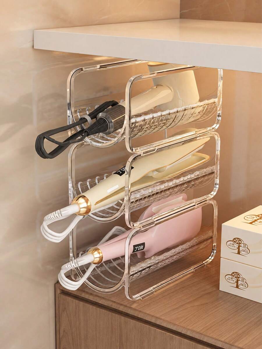 Hair Curling Iron Storage Rack, Hair Dryer Storage Box, Egg Roll Hairbrush Organizer, Item Storage Rack, Straight Hair Comb Organizer, Straight Hair Clip Storage, Stand, Stackable Design, Tabletop Style, Transparent Acrylic, Standing Shelf - Multicolor - View 1
