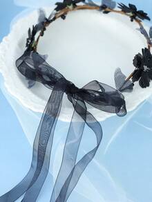 Women Dark Forest Black Flower Grey Butterfly Crown Headband Brown Vine Gothic Hair Decor For Halloween Cosplay Themed Party - Black - View 9