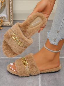 Women's Fashion Gold Chain Buckle Comfortable Soft Sole Plush Slippers, Soft Fuzzy Casual Style Autumn/Winter Daily Brown Bedroom Slippers, Plus Size - Apricot - View 5
