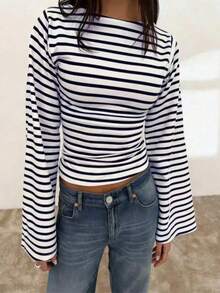 2pcs Women's Striped Knit Long Sleeve Tops, Boat Neck With Lantern Sleeves, Medium Stretch Fabric, Regular Length For Spring And Autumn - Blue Stripes + Black Stripes - View 5