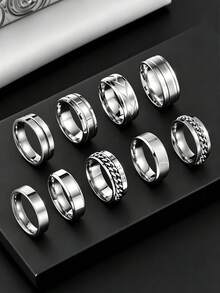 10PCS Fashion Mixed Men Stainless Steel Rings, Polished Plain Band, Rotatable Chain, Roman Numeral Band, High-Quality Jewelry, Gifts For Daily Wear - Silver - View 7