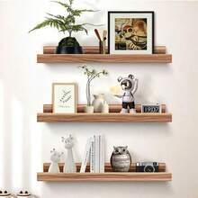 3pcs Vintage Wooden Floating Shelves, Wall Decor Display Rack With Guardrail, Bathroom Kitchen Storage Shelf, Modern Bedroom Living Room Decorative Photo Frame - Wood Color - View 4