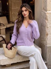 Cardigan Rajut Wanita Warna Ungu Muda, Tepi Bergelombang, Leher V, Tekstur Berongga, Kancing Mutiara, Lengan Panjang, Jaket Rajut, Musim Gugur - Mauve Purple - View 3