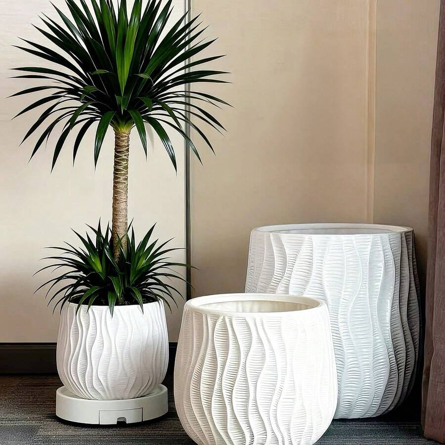 Luxury Resin Plant Pot With Drainage Holes And Tray, Suitable For Indoor Plants, Decorative Plastic Flower Pot For Monstera, Money Tree, Bird Of Paradise, Blueberry, Home Garden Decor - Water Ripples - View 1