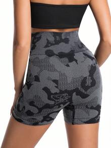 Women's High Waist Seamless Camouflage Knit Sports Shorts, Elastic Tummy Control Fitness Cycling Shorts - Black - View 2