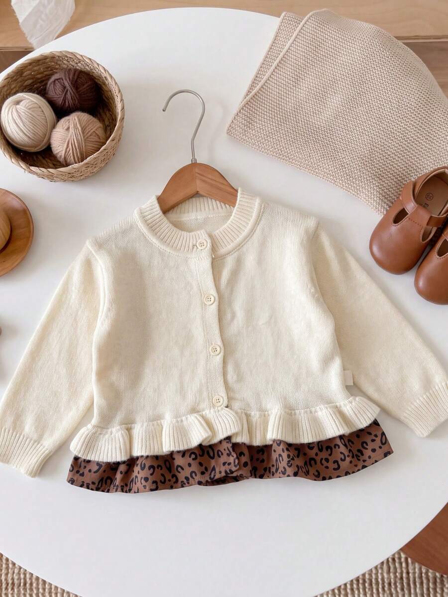 Cardigan Rajut Berenda Lembut Gaya Korea untuk Bayi Perempuan, Jaket Lengan Panjang Motif Leopard Cokelat Vintage untuk Beraktivitas di Luar Ruangan - Aprikot - View 1