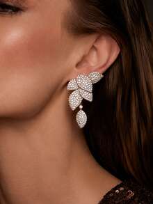 1 Pair Elegant Women's Rhinestone Leaf Dangle Earrings, Suitable For Wedding, Ball, Formal Banquet, Heavy Embellished - Rhinestones - View 2