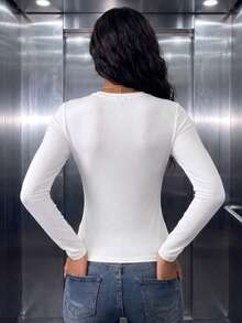 Women's Casual Deep V-Neck Long Sleeve T-Shirt For Daily Wear , Fall & Winter, Going Out, White Top - White - View 6