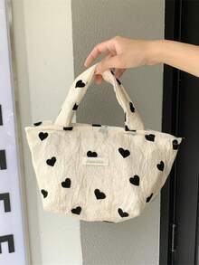 Sweet Heart Print Handbag With Ruched Texture, Casual Hand-Carry Bag For Autumn/Winter Daily Outings, Versatile Girl's Small Bag - White - View 9
