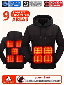 Men's Heating Hoodie With 9 Heating Zones, Heating Sweatshirt, Winter Thermal Pullover Sweater Fall/Winter Essential Hoodie (Battery Not Inculded) - Black - View 2