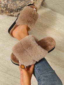 Korean Style Minimalist Fluffy Open Toe Slippers Flat Non-Slip Thick Sole One-Strap Fuzzy Slides - Khaki - View 2