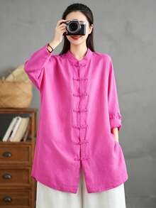Women's Chinese Style Frog Button Linen Shirt, Mandarin Collar Long Sleeve Loose Mid Length Tunic Top With Pockets - Hot Pink - View 2