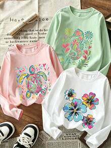 Tween Girl 3pcs Printed Long Sleeve T-Shirts, Suitable For Girls' Autumn/Winter Tops, Young Student Children's Clothing, Suitable For Outerwear And Layering - Multicolor - View 1
