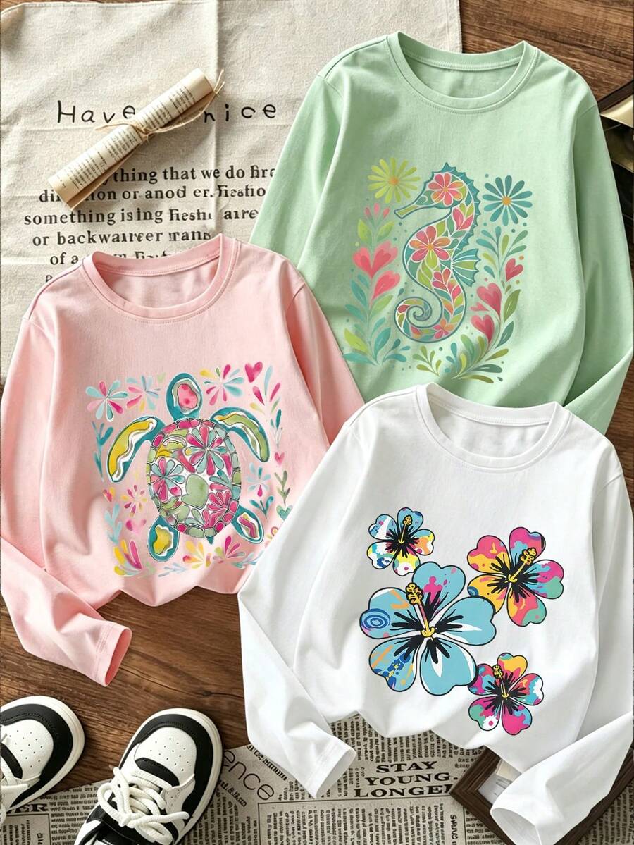 Tween Girl 3pcs Printed Long Sleeve T-Shirts, Suitable For Girls' Autumn/Winter Tops, Young Student Children's Clothing, Suitable For Outerwear And Layering - Multicolor - View 1