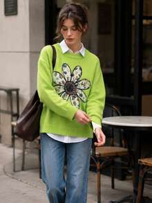 Women's Green Ribbed Knit Polyester Long Sleeve Pullover Sweater, Bright Floral Pattern, Suitable For Autumn/Winter Casual Daily Wear Fall - Green - View 2