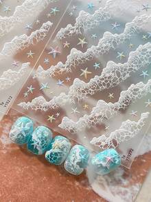 1pc 5D Full‑Cover Nail Stickers Embossed 3D Wave & Iridescent Starfish Design, Holographic Stereo Ocean Nail Decals, For Summer Beach Vacation DIY Manicure - Multicolor - View 2