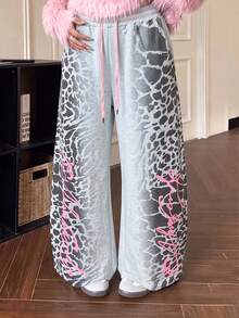 Y2K Grey Gradient Leopard Print Wide Leg Drawstring Elastic High Waist Street Style Graffiti Sweatpants For Women, Suitable For School, Spring, Autumn, Summer - Multicolor - View 2