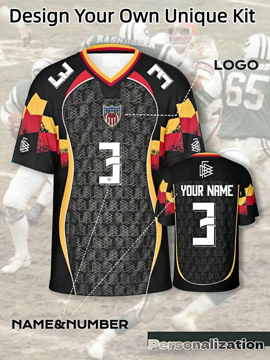 Customized All-Over Print Football Jersey, Supports Custom Logo, Name, Number, Black Base With Red And Yellow Color Block Design, V-Neck Short Sleeve German Sports Jersey, Suitable For Football, Basketball, Volleyball Games, Training And Casual Wear - Black - View 1