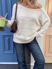 Women's White Knit Pullover Sweater, Long Sleeve, Hollow Out Detail, Cute And Comfortable - Apricot - View 2