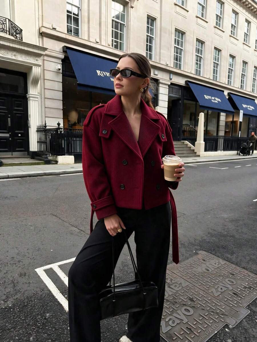 Women's Red Short Coat, Lapel Design, Button Details, Ideal Choice For Autumn/Winter - Burgundy - View 1