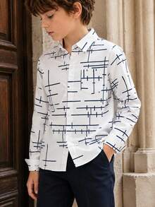 Youngboy 童裝休閒前衛拼接口袋不對稱條紋長袖襯衫，適合正式場合、派對與表演 - 藍白色 - 查看 4