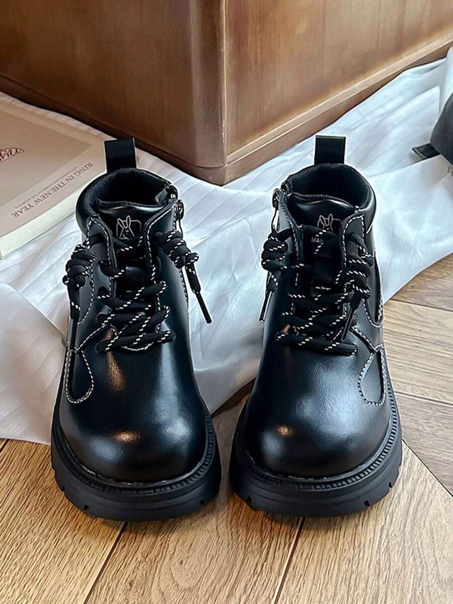 男孩女孩英式風格綁帶耐磨工作靴 - 黑色 - 查看 1