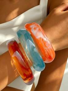 3pcs/1pc Y2k Exaggerated Geometric Bracelet Set, Versatile Jewelry Accessory For Daily Wear, Party, Vacation, Boho Style Geometric Pattern Elements - Twisted Shape (Translucent Brown + Peacock Blue + Orange) - View 9