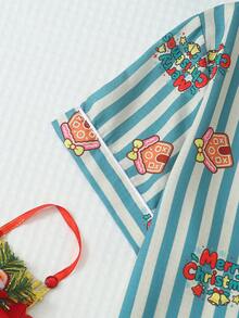 2pcs Comfortable Blue & White Striped Christmas Pattern Short Sleeve Collared Top And Bowknot Shorts Women's Pajama Set - Blue - View 4