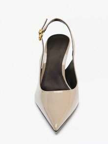 New Women's Black Patent Leather Pointed Toe High Heel Shoes With Fashion Metal Buckle Decor - Khaki - View 4
