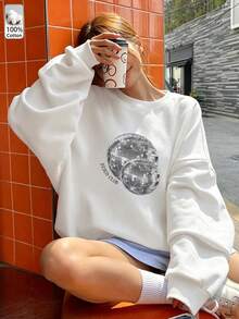 Oversized Women's Sweatshirt For Autumn/Winter, Casual Daily Wear, Long Sleeve Hoodie, Outerwear Top, Y2K, Letter Slogan Graphic, Unisex, Streetwear - White - View 3