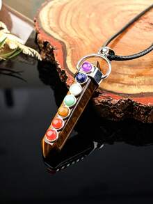 Natural Crystal Double-Pointed Pillar 7 Chakra Colorful Stone Pendant Necklace, Vintage Raw Stone Spiritual Jewelry Accessory - 7 Chakra Double Point Pendant - View 3