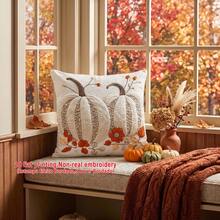 2 piezas Fundas de almohada con estampado de calabaza blanca bordada y hojas de otoño, fundas de cojín de poliéster ligero con estampado de un solo lado, estilo vintage para Acción de Gracias, lavables a mano/máquina/limpieza en seco, cierre con cremallera, adecuadas para decoración del hogar de otoño, sofá, cama, dormitorio, sala de estar, cafetería, sala de exposiciones, fundas de almohada decorativas, decoración diaria para fiestas festivas - Blanco - Ver 5